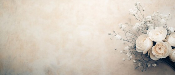 Delicate arrangement of white roses and baby�s breath on a soft textured background.
