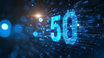 Digital background featuring the number in blue, surrounded by glowing data streams and binary code.