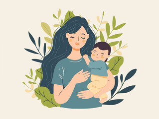 A flat vector illustration of A long-haired woman in holding her baby, white background