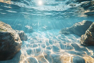 Underwater landscape of sunny sea with stones and rocks on sandy bottom
