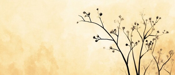 Elegant silhouette of delicate branches against a soft yellow background.