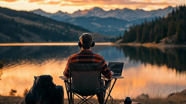 Remote worker using laptop by serene mountain lake at sunset, digital nomad lifestyle