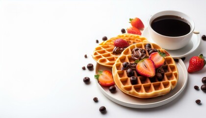 big circle waffles and fruit chocolate white background with a cup of coffee; delicious breakfast in the morning