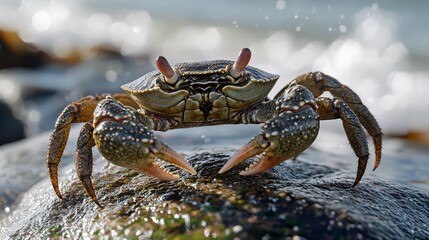 A close-up of a crab perched on a rock with the ocean in the background.