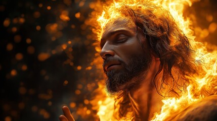 Fiery image of a man resembling Jesus Christ, eyes closed, surrounded by flames symbolizing spiritual ascension or transformation, with glowing ember sparks.