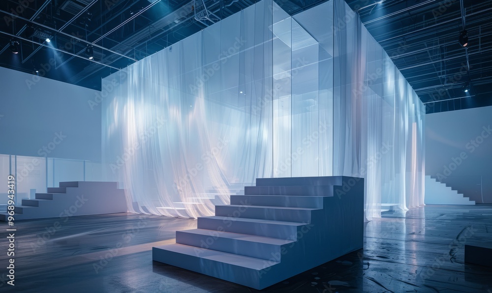 Poster a streamlined design line, there is a staircase descending from the side of the stage next to a glas