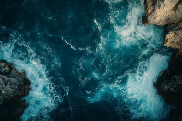 Fototapeta premium Rough waves crash against the rocks on the shore, creating foam and spray.