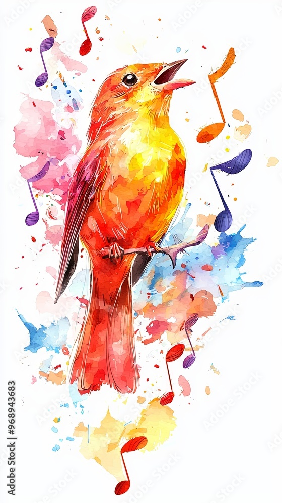 Wall mural a bright red bird is portrayed singing amidst colorful splashes and various musical notes. the scene