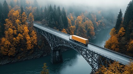 A vibrant scene of a truck crossing a bridge surrounded by fall foliage and a river in a misty landscape.