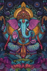 Obraz premium Colorful Illustration of Ganesha, the Hindu God of Wisdom, Prosperity, and Good Fortune.