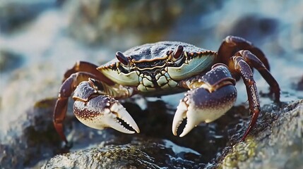 A close-up of a crab on a rocky shore, its claws extended, looking directly at the camera.