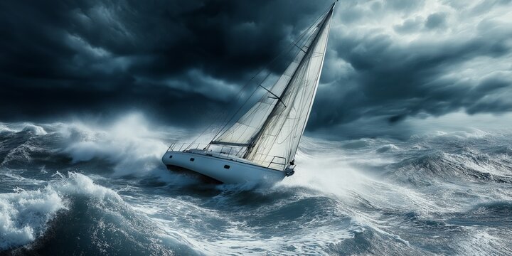 A white sailboat is being tossed around in a rough sea. The stormy weather and the choppy waves create a sense of danger and excitement