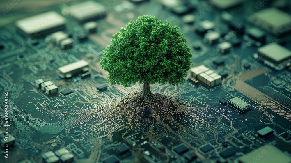 Poster tree growing from a circuit board, nature and technology concept