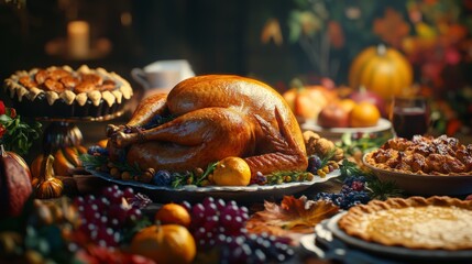 Thanksgiving feast with family, turkey and pies on table, November 28