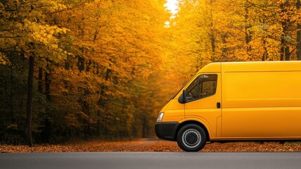 A vibrant yellow van parked beside a scenic road surrounded by autumn trees with golden leaves, showcasing the beauty of fall.