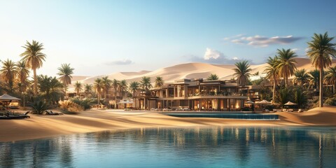 Modern desert resort with palm trees and a pool.