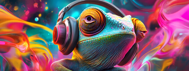 Obraz premium Chameleon with Stylish Headphones and Neon Beats