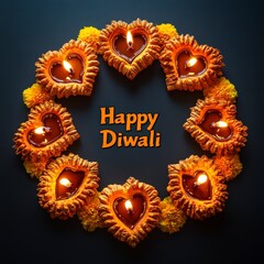 Happy Diwali Greeting with Circular Diya Lamp Arrangement