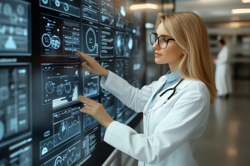 Female Doctor Analyzing Medical Data on a Futuristic Holographic Interface in a Modern Laboratory