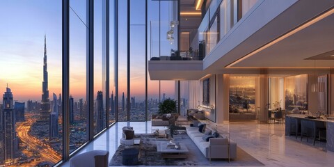 Fototapeta premium Luxury apartment with city view and modern furniture.