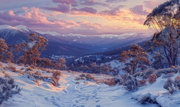 Twilight over the snowy mountain high country teredo river track