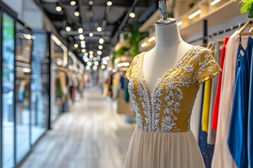 Fototapeta premium Elegant Yellow Dress on a Mannequin in a Boutique.