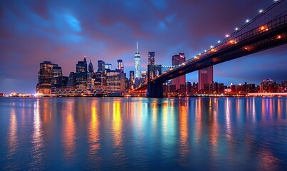 Fototapeta premium USA, New York State, New York City, Brooklyn Bridge and Manhattan skyline at dusk