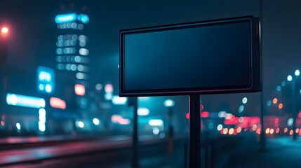 Close-up of a blank road sign, matte black finish with a sleek design, neon lights reflecting off the surface, urban and futuristic atmosphere, positioned against a city backdrop at night