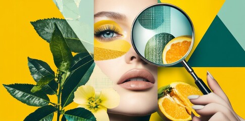 colorful elements beautiful woman's face Bright eye makeup and lipstick Magnifying glass on the right side of the element