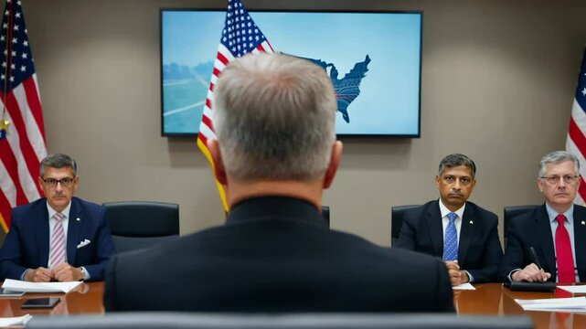 US President and officials in White House meeting room, Statue of Liberty on screen. Government leaders gather for national security briefing or immigration policy discussion.