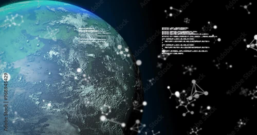 Poster animation of data processing and moelcules over globe on black background