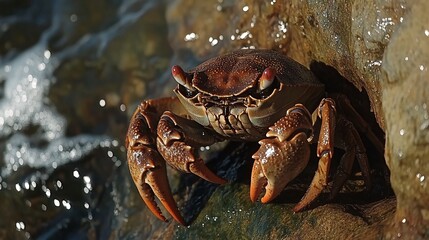 A close-up of a crab with its claws out, perched on a rock near the water's edge.