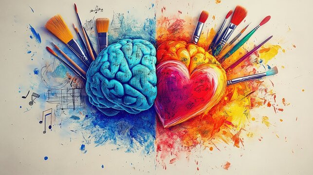  Artistic representation of brain and heart, split between logic and emotion, with vibrant colors and paintbrushes symbolizing creativity and balance.