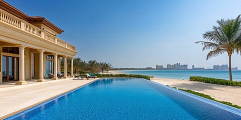 Fototapeta premium Luxurious villa with pool overlooking ocean and cityscape.