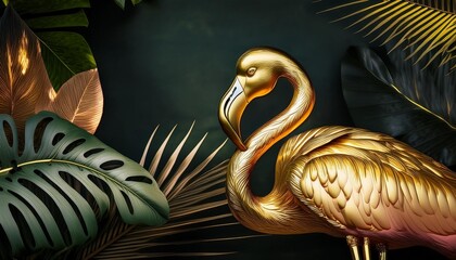 Golden flamingo with tropical foliage