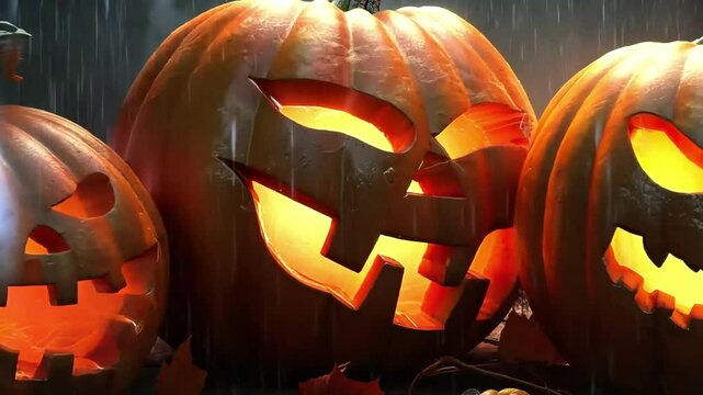 Halloween pumpkins animation, glowing in the heavy rain in a spooky setting