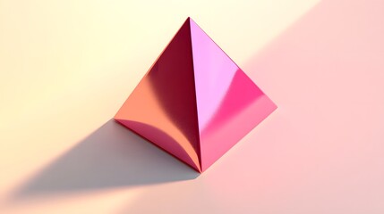 Isolated 3D pink tetrahedron casting shadows on a light pastel surface
