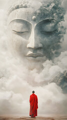 A serene scene where a monk in a vivid red robe stands with their back to the viewer, gazing up at a colossal, ethereal Buddha face that seems to form out of mist and smoke