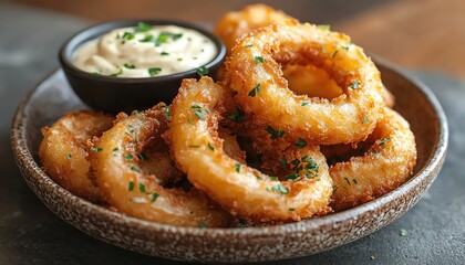 Naklejka premium Crispy onion rings on a plate with creamy dip, shallow depth of field, warm lighting
