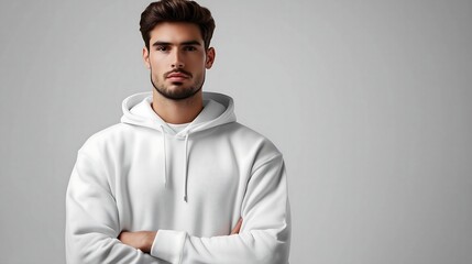 A men's hoodie mockup in a realistic setting, front view, with customizable areas for text or graphics, displayed on a simple, clean background