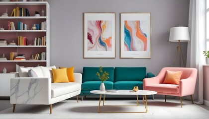 Photo modern style interior room 3d illustration Interior,Kitchen,Washrooms frame living room with colorful white sofa,led with blank frame
