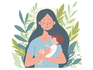 A flat vector illustration of A long-haired woman in holding her baby, white background