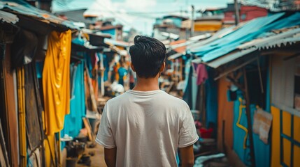 Obraz premium Man Walking Through a Narrow Alleyway in a Densely Populated Urban Area.