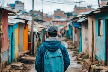 Man Walking Through Colorful Slums.