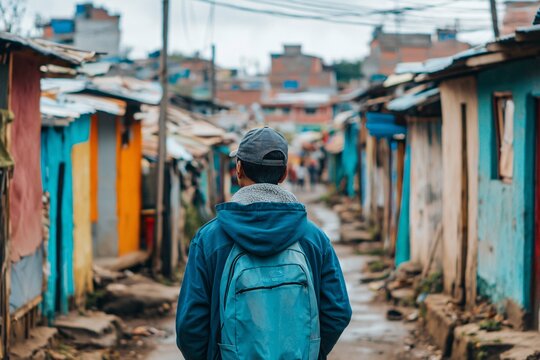 Man Walking Through Colorful Slums.