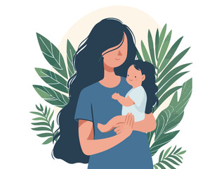 A flat vector illustration of A long-haired woman in holding her baby, white background