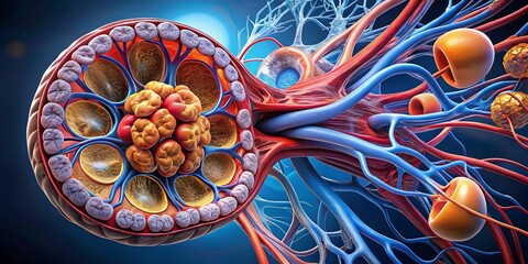 "Render the glomerulus structure with efferent and afferent arterioles, Bowman's capsule, and surrounding renal corpuscle cells in detailed 3D illustration."