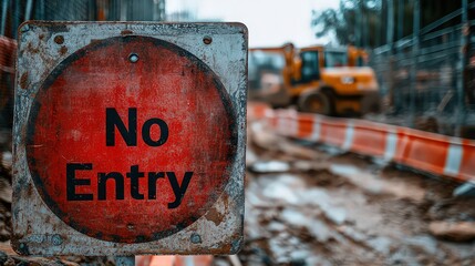  "No Entry" sign at construction site entrance, restricting access for safety reasons. Barriers and heavy equipment visible in the background, ensuring unauthorized personnel stay out.