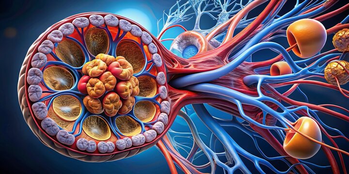 "Render the glomerulus structure with efferent and afferent arterioles, Bowman's capsule, and surrounding renal corpuscle cells in detailed 3D illustration."