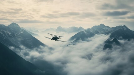 Fototapeta premium Small airplane flying over misty mountain range, aerial adventure scene. Exploration and travel concept